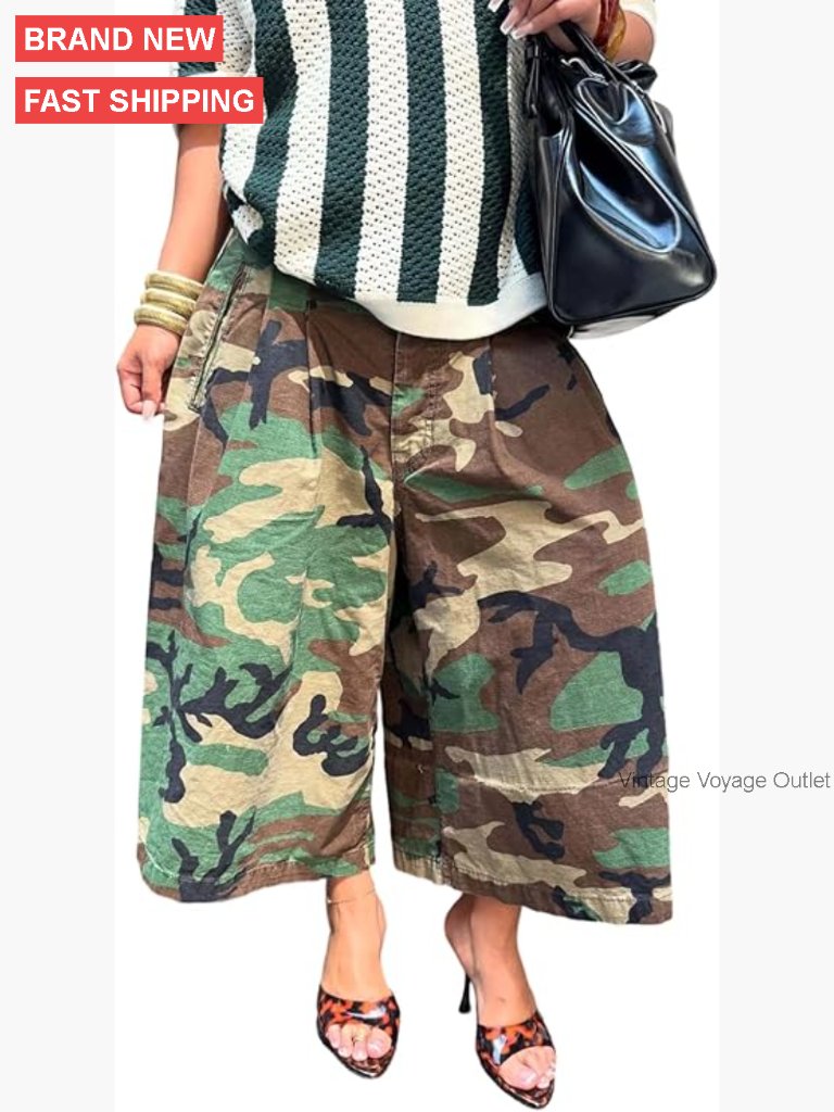 High Waisted Wide Leg Barrel Pants Camo Print Polyester Spandex Cropped
